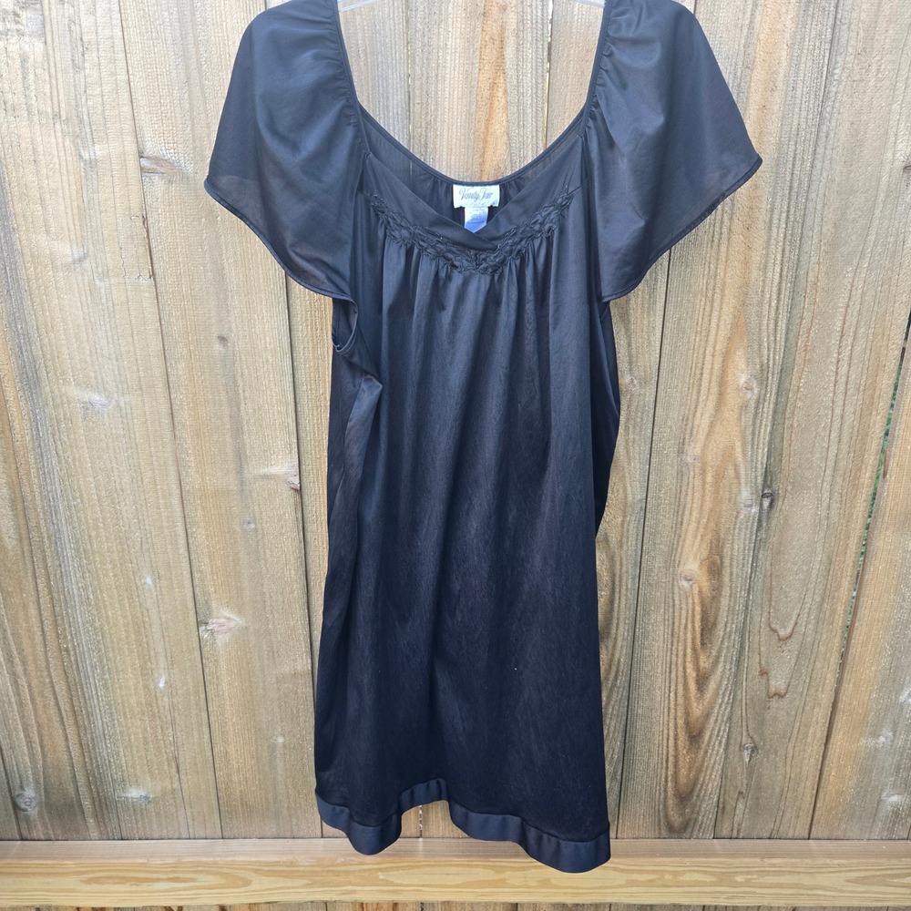 Vintage Vanity Fair Black Nylon Nightgown Slip Flutter Sleeve Large Lingerie